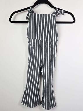Bailys Blossoms Girls 2T Gray & White Striped Tie Shoulder Bell Bottom Jumpsuit